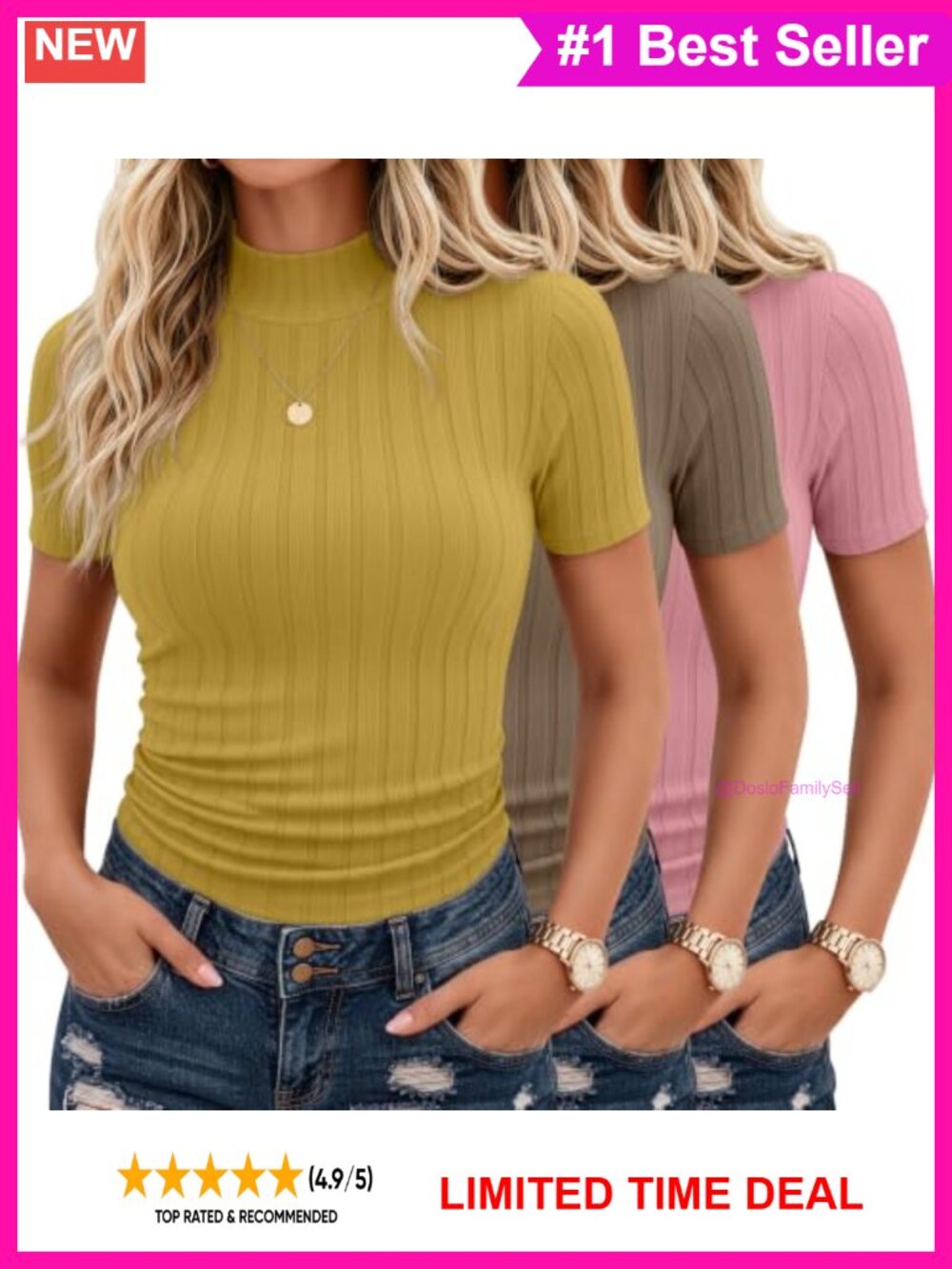 3 Pack Mock Turtleneck Short Sleeve Tops Slim Fit Cotton Blend Layering